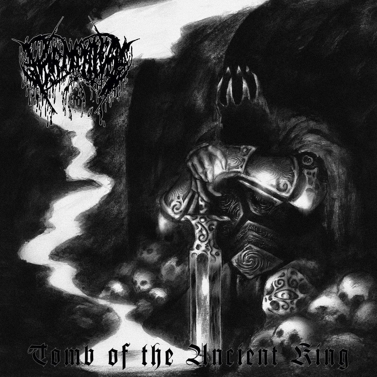 Black and white album cover art for 'Tomb of the Ancient King' featuring a dark, armored figure holding a sword, skulls, and a glowing white path, with the band logo in the top left.