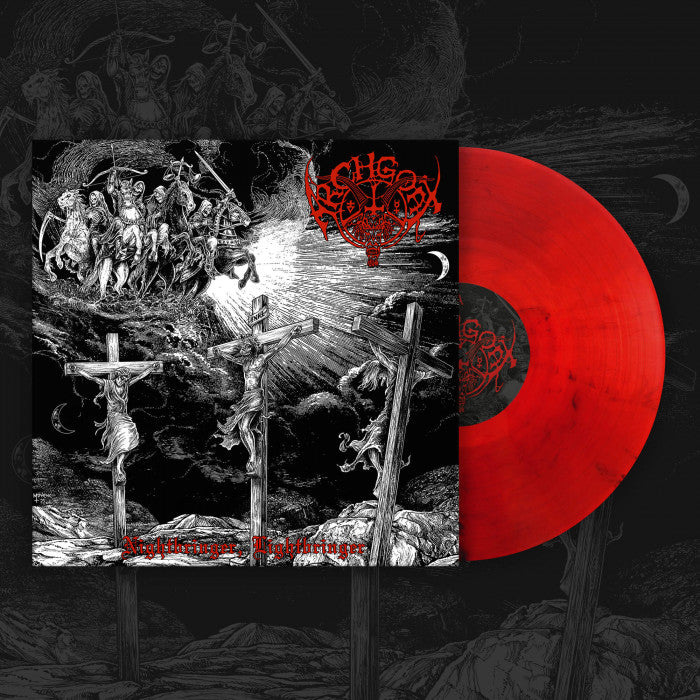 Vinyl record with a black and red design featuring religious imagery on a dark background.