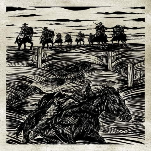 Maquahuitl Con Su Pistola En La Mano album art. A black and white woodcut-style Western illustration showing a lone rider on horseback in the foreground with a group of riders on horseback in the background, set against a textured beige paper background.