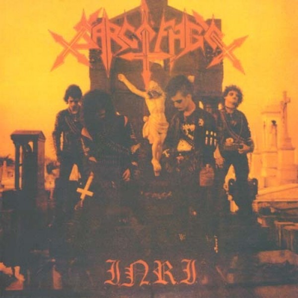 Album cover of Sarcofago INRI featuring a band in a dramatic pose with a orange background, including a member holding a cross, another with a guitar, and the band name in stylized text.