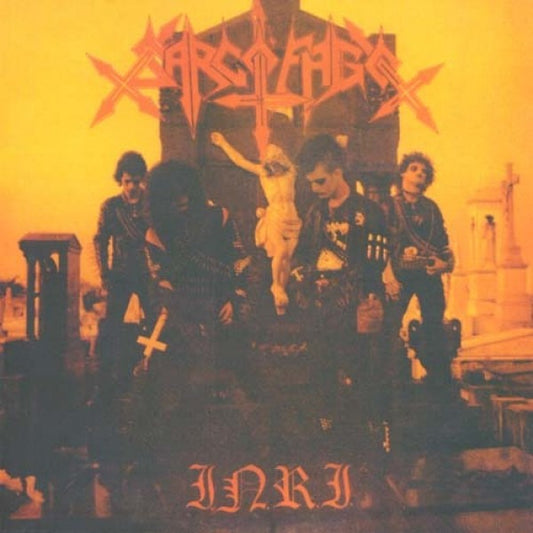 Album cover of Sarcofago INRI featuring a band in a dramatic pose with a orange background, including a member holding a cross, another with a guitar, and the band name in stylized text.