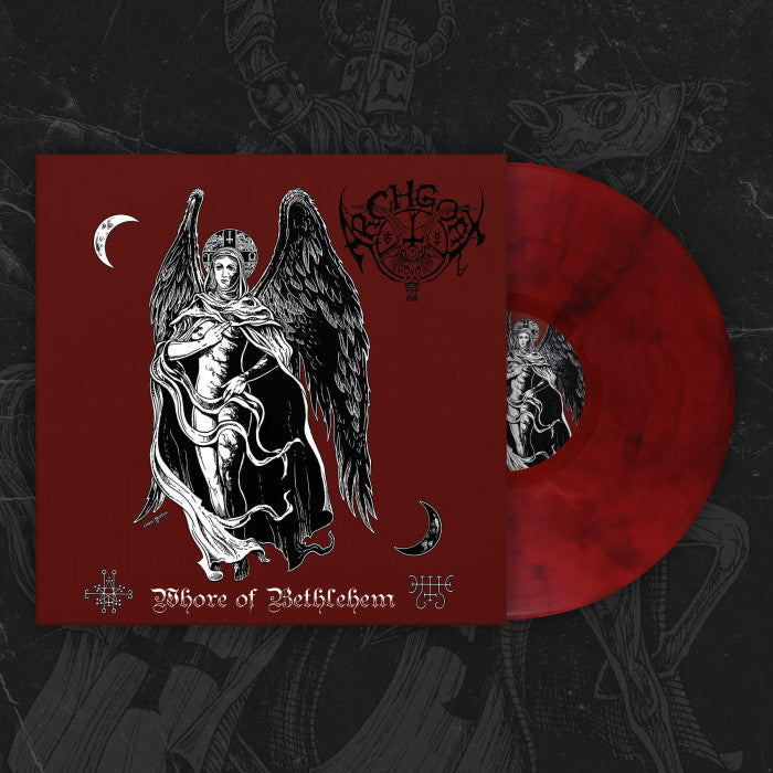 Vinyl record with an angel illustration on a red background